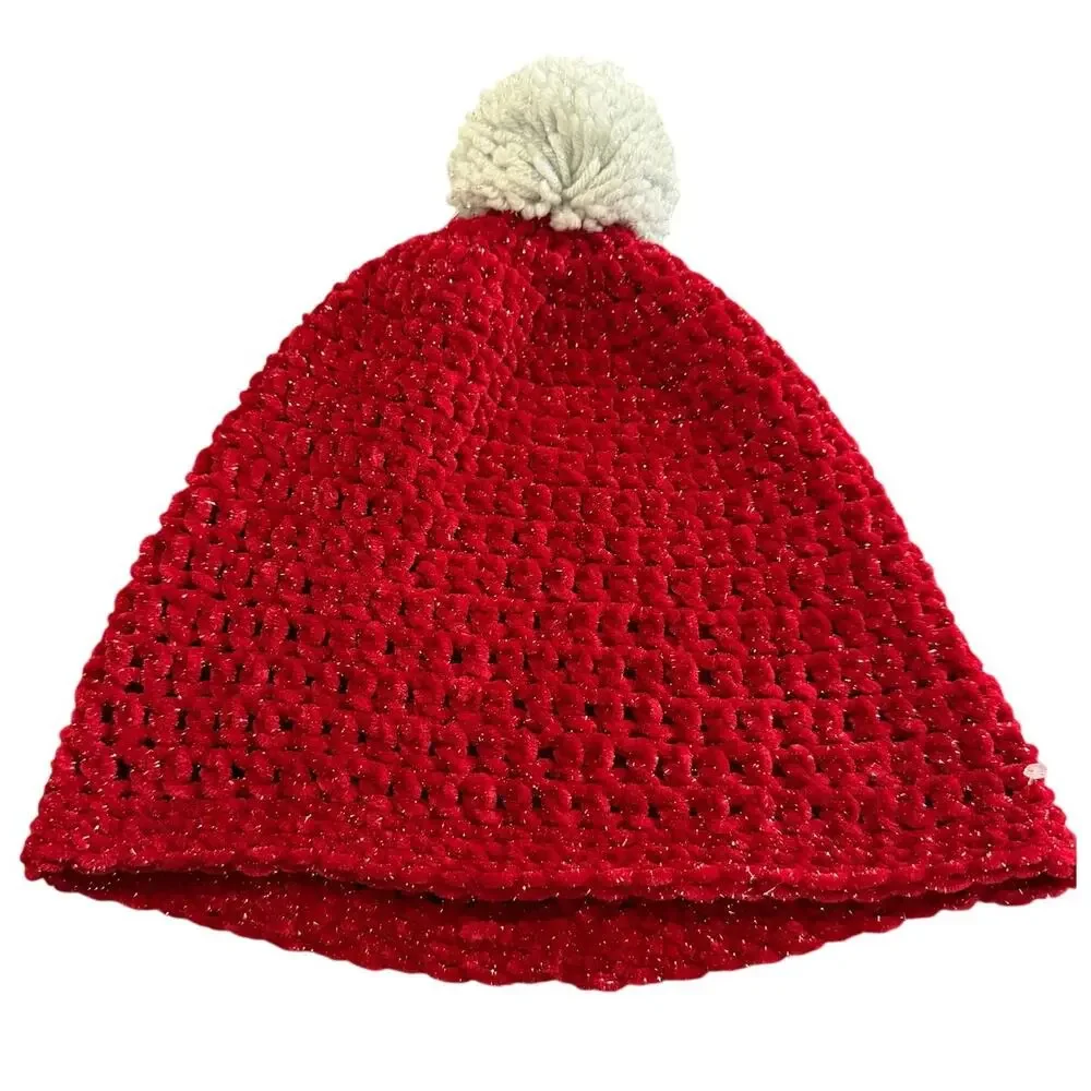 Knit Pompom Hat Red White Winter Christmas Holiday Beanie Metallic Shimmer